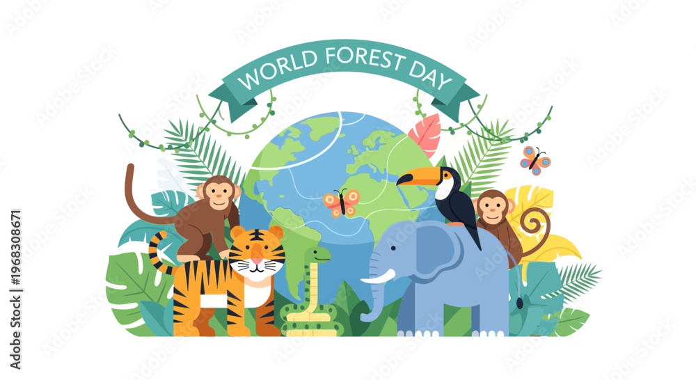 Fototapeta premium World Forest Day Celebration with Diverse Wildlife and Planet Earth 1.