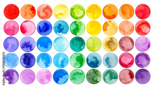 A grid of colorful, hand-painted watercolor circles in various hues. Each round element showcases unique blended shades