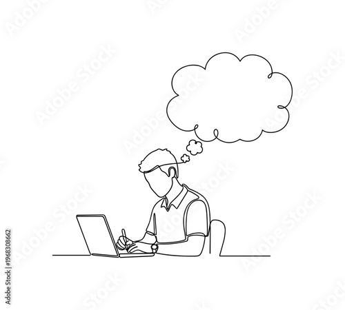 Opinion Pieces. Minimalistic one-line drawing person sitting at desk writing on laptop with thought bubble above, continuous single black line on white
