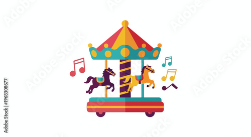 A colorful carousel ride with two horse figures surrounded by musical note icons