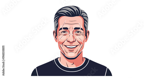 A stylized illustration of a smiling middle-aged man with short, graying hair