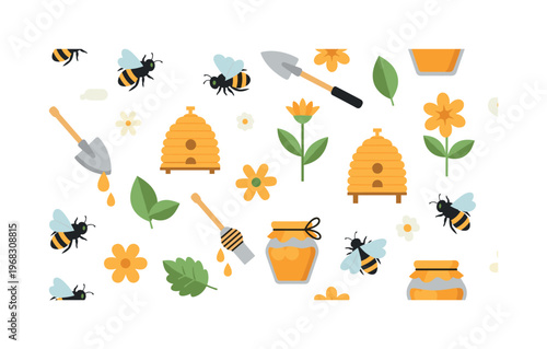 pollinator icons seamless pattern, repeating pattern, surface design, textile print, modern illustration of bees, flowers, beehives, honey jars, leaves,