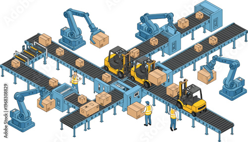 Logistics, Warehouse, Automation, Robotics, Forklift, Conveyor, Manufacturing, Isometric, Distribution, Inventory, Industry, Shipping, Storage, Machinery, Workflow