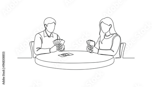 Card Game Fun. Minimalistic one-line drawing players holding cards around table, continuous single black line on white background, simple outline style, no