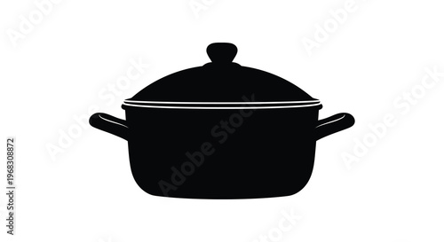A simple black silhouette depicts a cooking pot with a lid and handles isolated on white