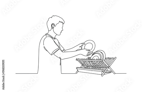 Dish Cleanup. Minimalistic one-line drawing individual putting washed dishes in drying rack, continuous single black line on white background, simple outline