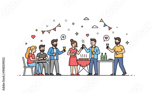 Group of friends backyard barbecue scene where people gather around food while tiny sparkle and heart icons highlight celebration, interaction, and friendship.