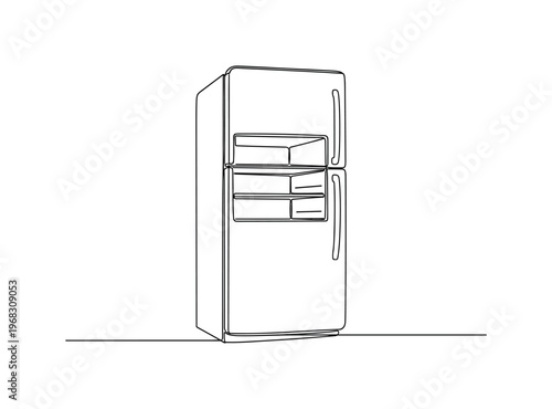 Kitchen Refrigerator. Minimalistic one-line drawing fridge with handles and visible interior shelving, continuous single black line on white background, simple