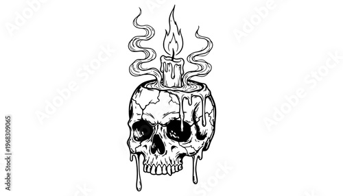 A skull candle illustration with a flame and smoke on a white background