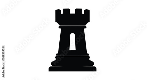 A stark black silhouette depicts a chess rook a strategic game piece with a distinct shape