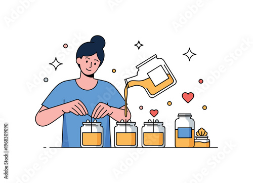 Making candles at home wick placement scene where a person positions wicks in jars before pouring wax while small sparkle and heart icons emphasize careful