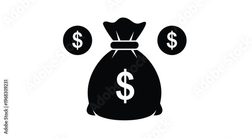A simple black icon depicts a bag of money surrounded by dollar signs symbolizing wealth