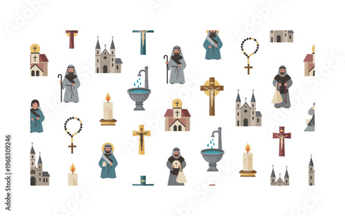 pilgrim journey motifs seamless pattern, repeating pattern, surface design, textile print, modern illustration of pilgrims, crosses, rosaries, candles, holy