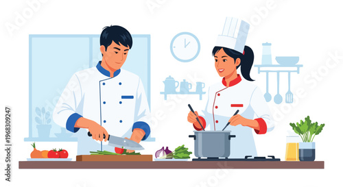 A man and a woman in chef uniforms working together in a bright modern kitchen