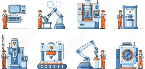 Vector illustration of eight industrial manufacturing scenes with workers operating robotic arms, CNC machines, drills, and presses, symbolizing automation artwork, factory graphics, and modern 