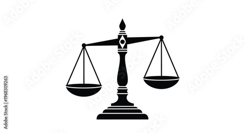 A black and white illustration depicts a traditional balance scale symbolizing justice and fairness high quality
