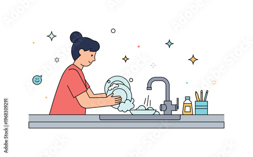 Washing dishes minimalist kitchen concept where a person washes a few dishes in a clean sink while tiny sparkle and star icons highlight simplicity, order, and