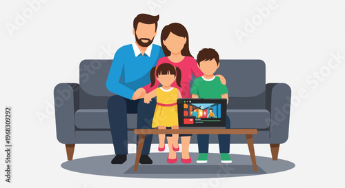 A happy family of four sitting on a sofa while watching a digital tablet device