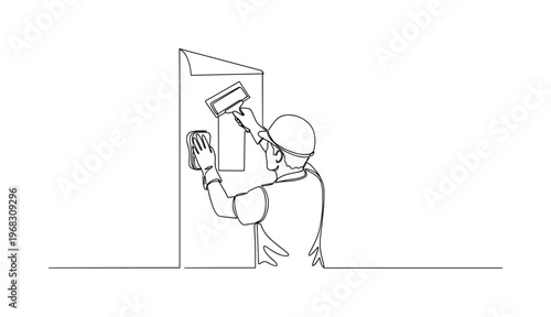 Home Renovation Task. Minimalistic one-line drawing individual removing wallpaper using scraper and sponge, continuous single black line on white background,