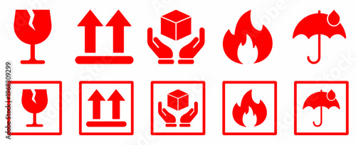 fragile flammable keep dry this side up symbols set with glass fire umbrella arrows box signs for packaging shipping labels handling instruction icons clean bold style