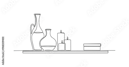 Peaceful Decor. Minimalistic one-line drawing simple decorative items like candles and vases on shelf, continuous single black line on white background, simple
