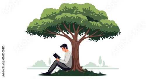 A man sitting under a large tree and reading a book in a peaceful landscape