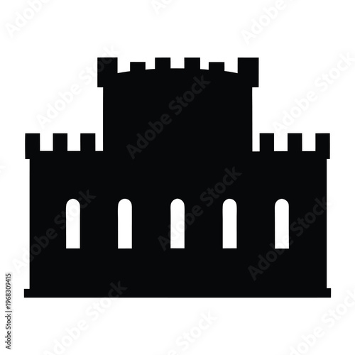 Simple black silhouette illustration of a medieval castle with towers