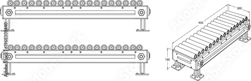 Roller conveyor line icon technical drawing with dimensions, industrial conveyor system, material handling equipment, engineering blueprint, mechanical transport rollers, factory automation vector 