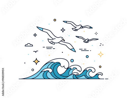 Seagulls stormy sea chase scene where birds hover above turbulent waves while small sparkle and line icons emphasize survival, agility, and dramatic coastal