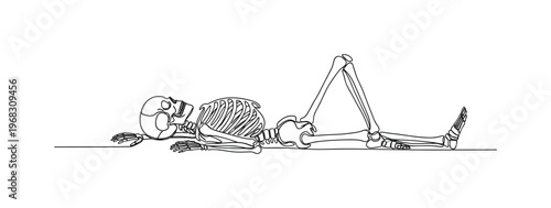 Skeletal Remains. Minimalistic one-line drawing human skeleton lying on ground, continuous single black line on white background, simple outline style, no