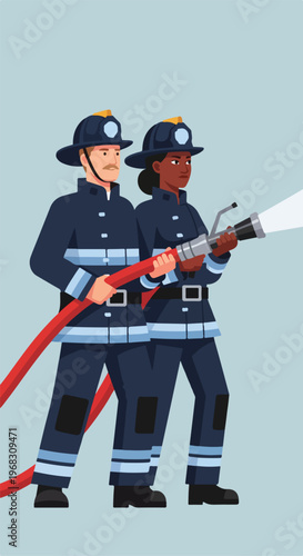 A male and a female firefighter in uniform holding a water hose to extinguish