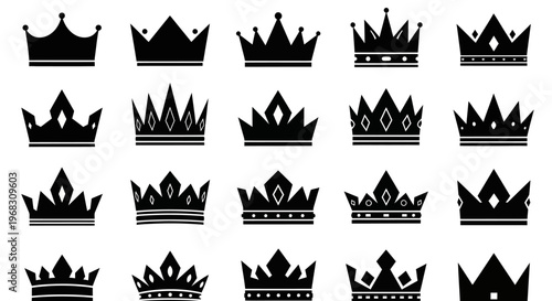 Collection of Diverse Black Crown Silhouettes on White Background.