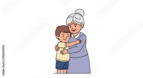 An elderly woman with white hair in a bun warmly hugging her young grandson