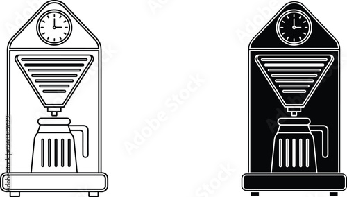 Vector illustration of two stylized coffee maker designs with integrated clock display, showing outline and silhouette versions, symbolizing kitchen appliance artwork, beverage graphics, and modern