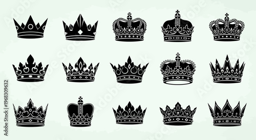 Collection of Royal Crowns and Tiaras in Silhouette Style.