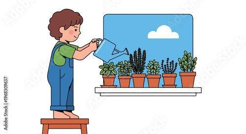 A small child standing on a wooden stool waters potted plants on a windowsill