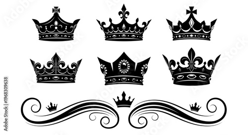 Collection of Ornate Black Royal Crowns and Decorative Swirls.