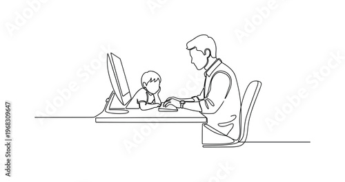 Home Office Life. Minimalistic one-line drawing person typing at desk with child leaning on desk, continuous single black line on white background, simple