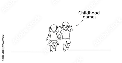 Childhood Games. Minimalistic one-line drawing two children playing hide-and-seek, continuous single black line on white background, simple outline style, no