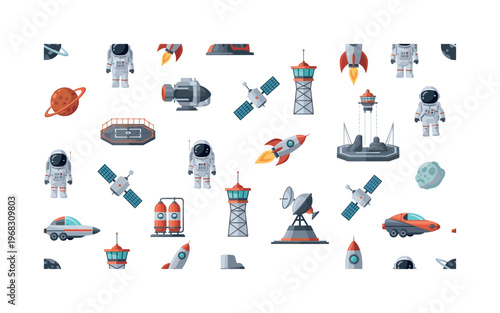 astronaut icons seamless pattern, repeating pattern, surface design, textile print, modern illustration of astronauts, rockets, launch pads, satellites,