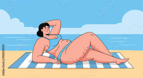 A plus size woman in a blue bikini lies on a striped beach towel by the ocean