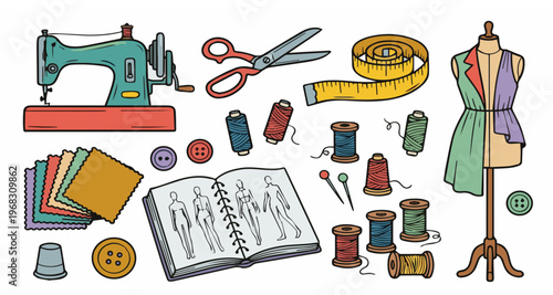 Sewing and Tailoring Doodle Set with Tools and Equipment