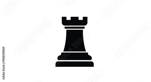 A minimalist black silhouette depicts a chess rook showcasing its iconic castle like form high quality