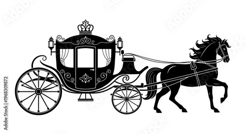 Elegant Black Horse Drawn Carriage Silhouette Vector.