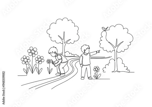 Springtime Adventure. Minimalistic one-line drawing children exploring garden or park, continuous single black line on white background, simple outline style,
