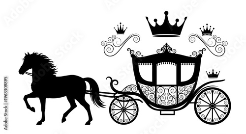 Elegant Horse Drawn Carriage Silhouette with Royal Crowns.