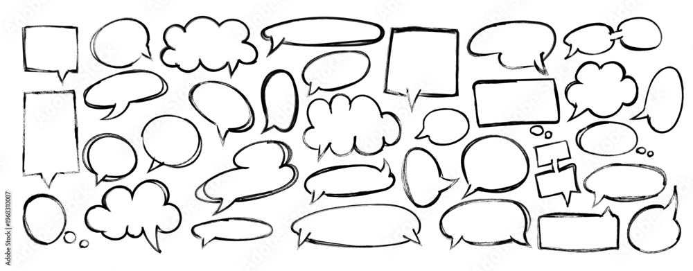 Fototapeta premium Hand Drawn Speech Bubbles Collection - Sketchy Talk Bubbles and Thought Clouds Outlines on White Background