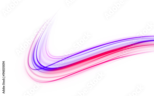 Futuristic purple neon lines show smooth wave motion and glowing energy flow. Light streaks and curves create dynamic speed effect. Abstract digital technology background.