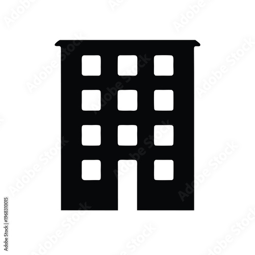 Stylized depiction of a multistory building featuring simple black and white lines