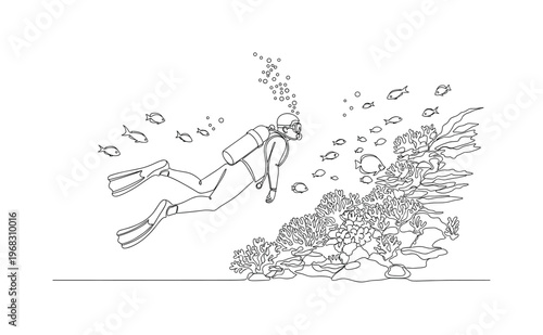Diving Exploration. Minimalistic one-line drawing diver with fins and oxygen tank exploring reef, continuous single black line on white background, simple
